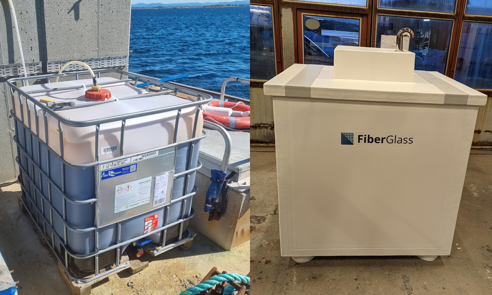 Innhold i en IBC-container og en IBC-kasse fra FiberGlass